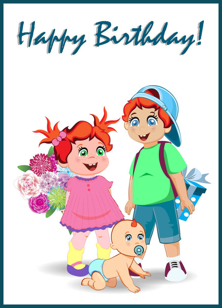 Glückwunsch zum Geburtstag Grußkarte von niedlichen Cartoon-Kinderfiguren mit großen Geschenkbox und Blumenstrauß auf weißem Hintergrund. Illustration, kawaii baby, Kinder-Postkarte mit festlichem Schriftzug. - Foto, Bild