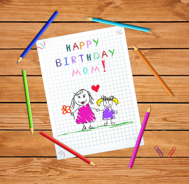 Alles Gute zum Geburtstag. Kinder bunte handgezeichnete Illustration von Mutter und Tochter zusammen auf einem quadratischen Notizbuch-Blatt auf einem Holztisch mit Buntstiften herum. Baby-Grußkarte, Postkarte. - Foto, Bild
