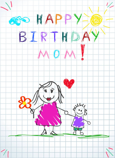 Χαρούμενα γενέθλια μαμά. Παιδιά πολύχρωμα χέρι εικονογράφηση της μητέρας και γιου Κρατήστε μαζί λουλούδια, καρδιά μεταξύ. Σημειωματάριο τετράγωνο φύλλο χαρτιού. Μωρό σχέδιο ευχετήριων καρτών, καρτ ποστάλ. - Φωτογραφία, εικόνα