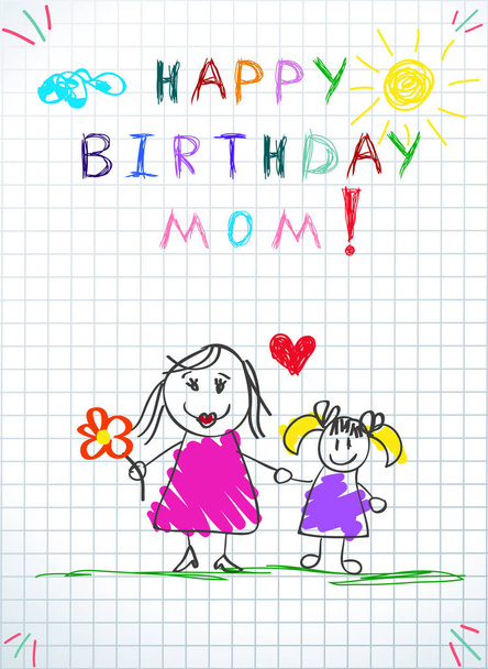 Hyvää syntymäpäivää, äiti. Lapset Värikäs käsin piirretty Kuva äiti ja tytär yhdessä Pidä kukkia, sydän välillä. Neliömäinen muistikirja-arkki. Vauvan piirustuskortti, postikortti
. - Valokuva, kuva