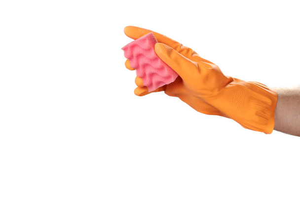 Temizleme, ev, Bahçe, koruma için turuncu lastik eldiven el hareketi. Beyaz ayrı tut moduyla arka plan. - Fotoğraf, Görsel