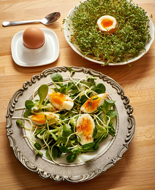 Vintage plate with spring breakfast with sunflower sprouts and lambs lettuce and boiled eggs and cress on bright wooden table - Photo, Image
