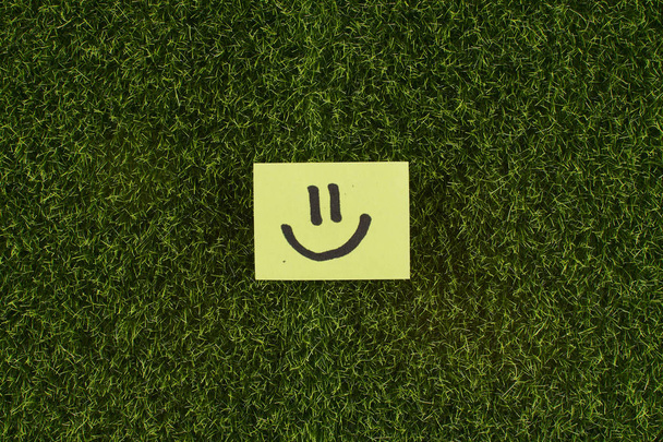 Smile drawn on yellow sticker on green lawn background - Φωτογραφία, εικόνα