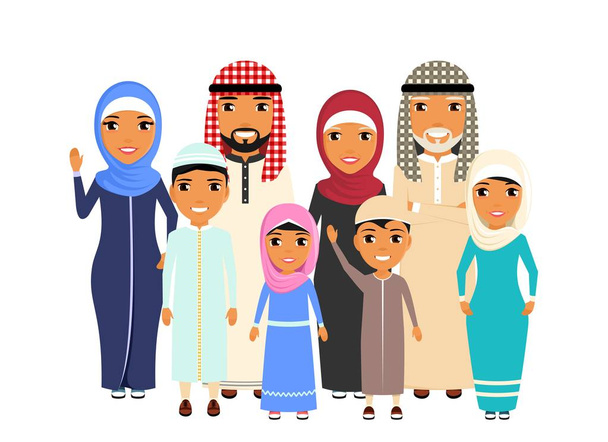 Large family of ethnic Arabs. Are worth in different poses. All family members smile. Grandmother, grandfather, mother, father, brothers and sisters. In flat style on white background. Cartoon. - Vector, Image