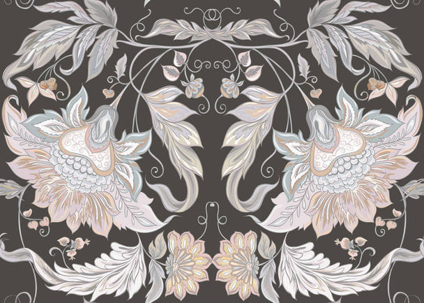 Seamless pattern with stylized ornamental flowers in retro, vintage style. Jacobin embroidery. Colored vector illustration. In vintage grey and beige colors. On brown background. - Вектор,изображение