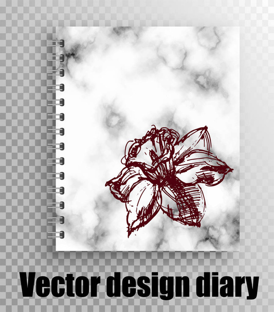 Stílusos vektor Jegyzettömb sablon design - márvány textúrája és piros gradiens virágot nárcisz - Vektor, kép