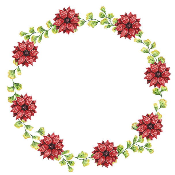 エキゾチックなイチョウの biloba の葉と赤い花の作った円形の形をしたリース。手描き水彩イラスト. - 写真・画像