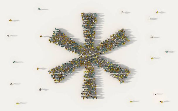 Large group of people forming asterisk symbol in social media and community concept on white background. 3d sign of crowd illustration from above gathered together - Fotó, kép