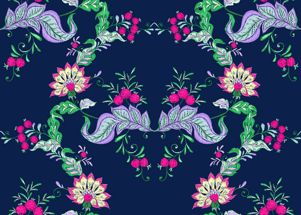 Fantasy floral seamless pattern in jacobean embroidery imitation, vintage, old, retro style.  Vector illustration in bright pink, purple and green colors on navy blue background.. - Vector, Image