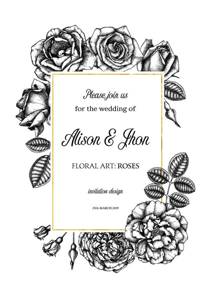 Cartão de saudação com rosas desenhadas à mão contra fundo branco
 - Vetor, Imagem