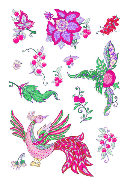 Elementos decorativos florais em estilo bordado jacobean, padrão floral fantasia com pássaro, vintage, velho, estilo retro. Isolado em fundo branco. Ilustração vetorial
. - Vetor, Imagem