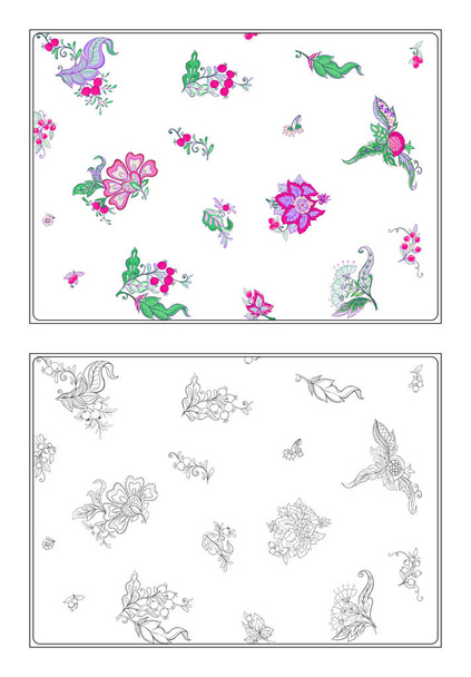 Floral decorative elements in jacobean embroidery style, fantasy floral pattern, vintage, old, retro style. Coloring page foradult coloring book with colored sample. Vector illustration.  - Vetor, Imagem