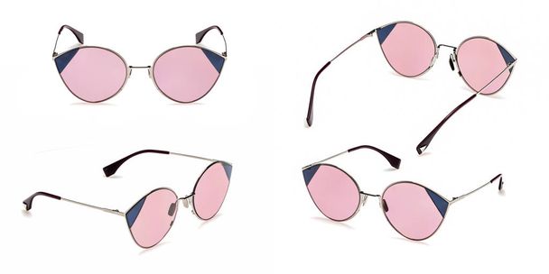 Установите розовые солнцезащитные очки Retro в круглой оправе на белом фоне. Винтажные летние солнечные очки
 - Фото, изображение