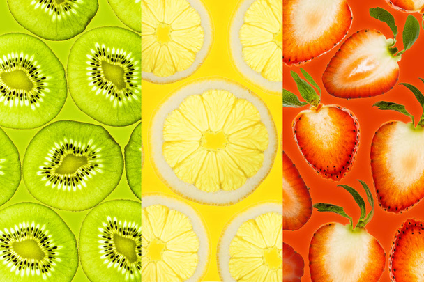 Fresa, Kiwi y rodajas de limón iluminadas desde abajo Frutas de fondo Vista superior
 - Foto, imagen