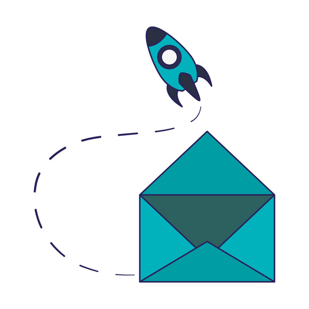 Envelop open met opstarten raket symbool blauwe lijnen - Vector, afbeelding