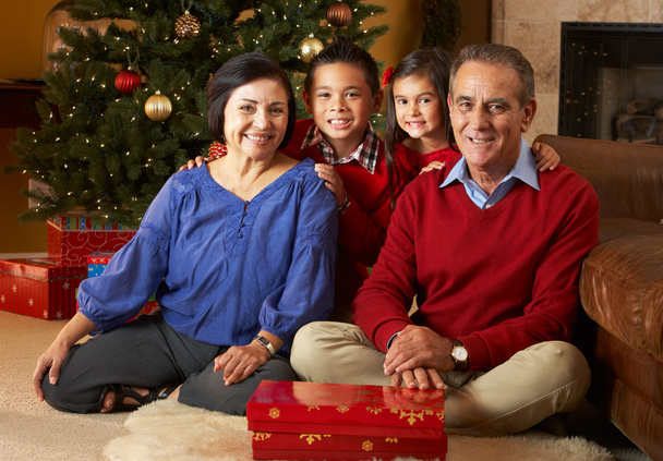 Grandparents With Grandchildren In Front Of Christmas Tree - Foto, imagen
