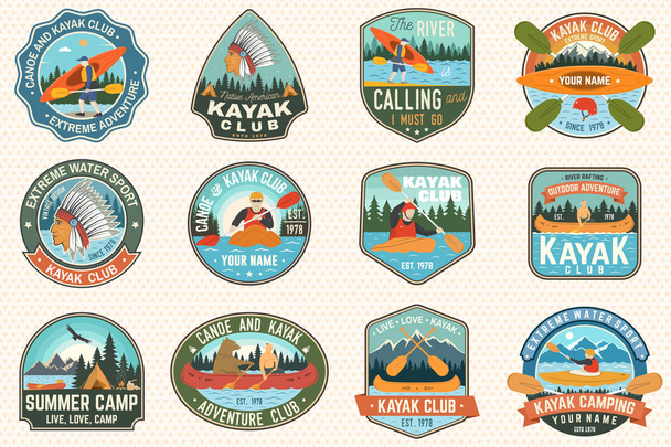 Set of canoe and kayak club badges Vector. Concept for patch, shirt, print or tee. Vintage design with mountain, river, american indian and kayaker silhouette. Extreme water sport kayak patches - Vektör, Görsel