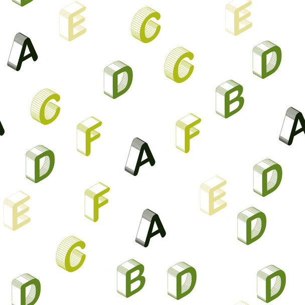 Modèle sans couture vert clair, vecteur jaune avec des lettres isolées en 3D. Design dégradé coloré dans un style 3D avec des signes d'alphabet. Modèle pour cartes de visite, sites Web
. - Vecteur, image