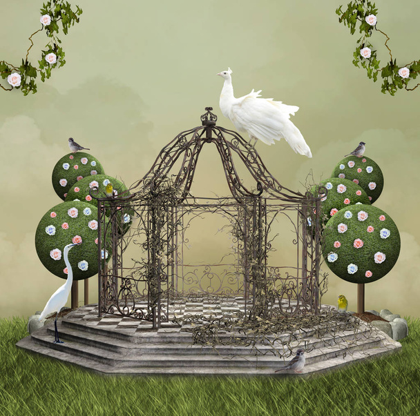 Romantic pagoda in a meadow scenery with a peacock and an egret  3D illustration - Photo, Image