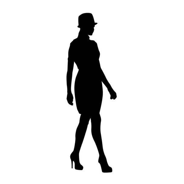 Fiatal nő, kalap gyaloglás, teljes test elszigetelt vektor sziluett - Vektor, kép
