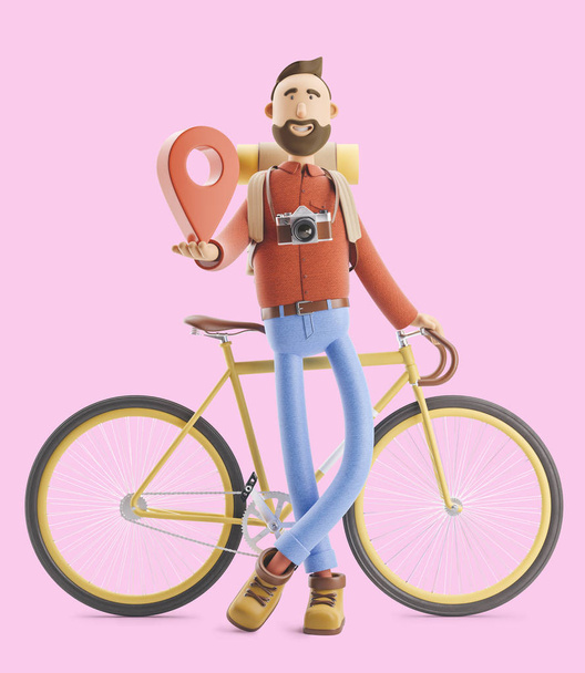 Personagem dos desenhos animados turista fica com um grande ponteiro do mapa em suas mãos e bicicleta. ilustração 3d
. - Foto, Imagem