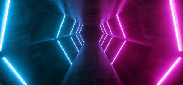 Неон світиться ретро футуристичний Sci Fi танцювати флуоресцентні розкішним світяться лінії синій лілові вогні в порожня сцена темно чужорідних коридор тунель гранж бетонні 3d рендеринга ілюстрація - Фото, зображення