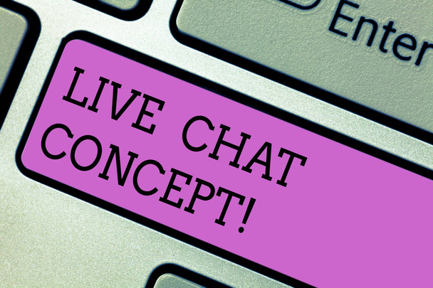 Writing note showing Live Chat Concept. Business photo showcasing web service that allows showing friends to communicate Keyboard key Intention to create computer message pressing keypad idea. - Photo, Image