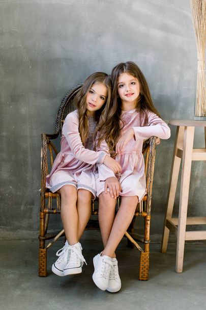 portrait of two young pretty girls wearing pink dresses and sitting on a wooden armchair . Studio portrait of two cheerful best friends having fun and making happy faces - Foto, imagen