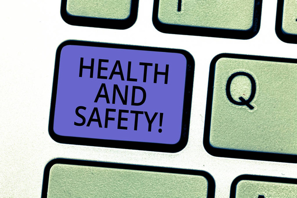 Conceptual hand writing showing Health And Safety. Business photo showcasing regulation and procedures intended prevent accident injury Keyboard key Intention to create computer message idea. - Photo, Image