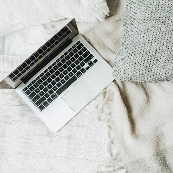 Laptop on sofa with pillows and plaid. Freelancer / blogger / writer lifestyle concept. - 写真・画像