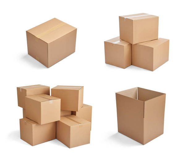 zbiór różnych stosów kartonowych pudeł na białym tle - Zdjęcie, obraz