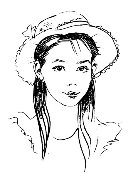 Vector Dibujo dibujado a mano de la señora en la ilustración del sombrero sobre fondo blanco
 - Vector, Imagen