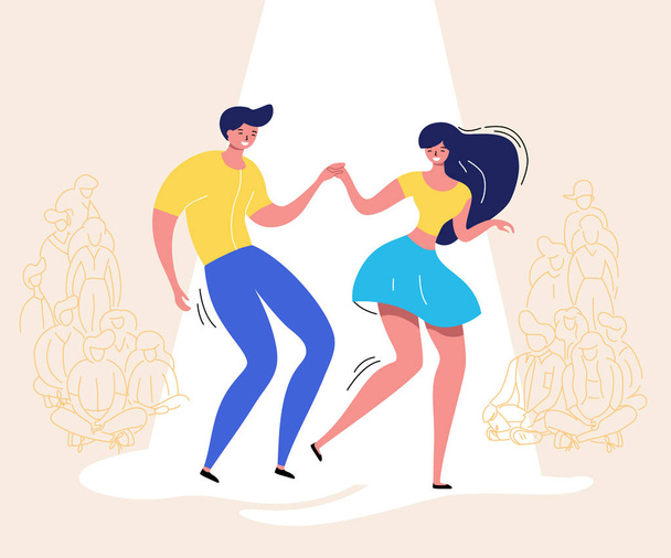 Χορεύοντας ζευγάρι με το κοινό. Πάρτι χορού rockabilly. Ευτυχισμένος swing χορευτές με θεατές εικονογράφηση διάνυσμα απομονωμένες - Διάνυσμα, εικόνα