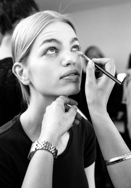 New York, NY - February 08, 2019: Model Daphne Groeneveld prepares backstage for the Cushnie Fall Winter 2019 fashion show during New York Fashion Week - Photo, Image