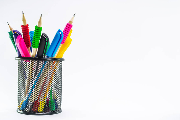 Colored pencils in a pencil case on white background - Foto, Imagem