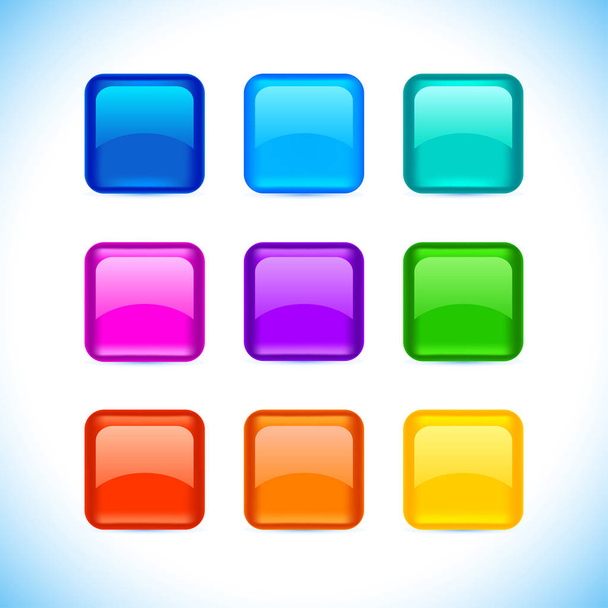 Bottoni quadrati arrotondati vuoti opacizzati colorati con colore e riflessione sulle icone bianche impostate
 - Vettoriali, immagini
