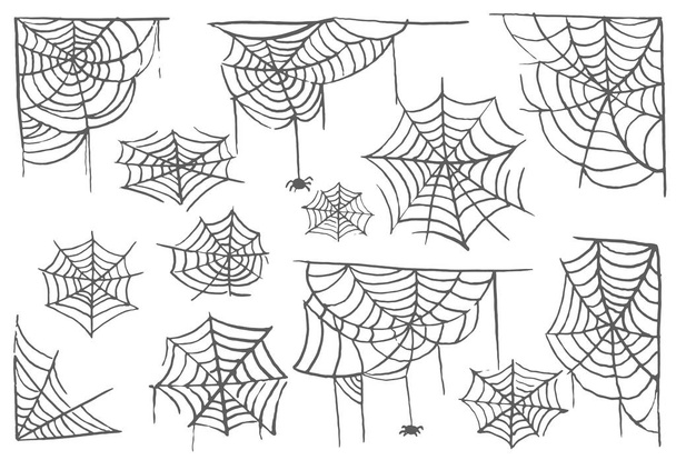 Collectie van Cobweb geïsoleerd transparante achtergrond. Spinrag voor Halloween ontwerp. Spider web elementen griezelig en eng horror halloween decor. Hand getekend silhouet vectorillustratie. - Vector, afbeelding