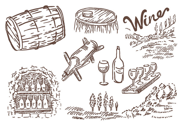 Векторний малюнок ручної ескізу пляшки вина зі склом та ілюстрацією винограду на білому тлі
 - Вектор, зображення