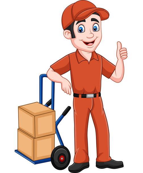 Vector illustration of Cartoon delivery man leaning on packages and giving a thumb up - Vector, Image