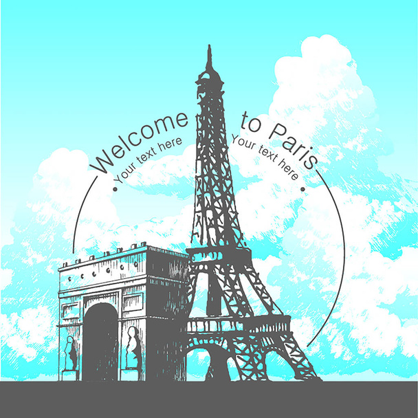 Vector mão desenhada ilustração de Paris silhueta edifício famoso no fundo branco
. - Vetor, Imagem