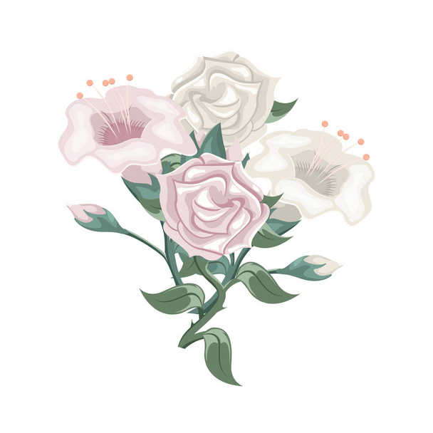 Set witte en roze rozen en tulpen. Bloemstuk - Vector, afbeelding