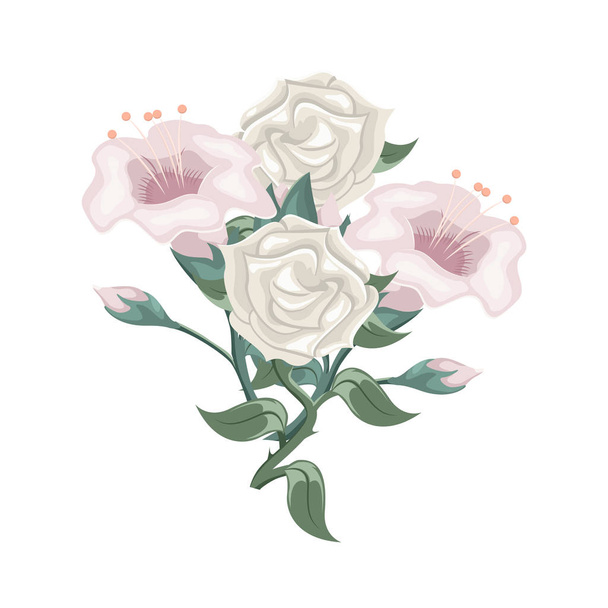 Conjunto de rosas brancas e tulipas roxas. Arranjo de flores
 - Vetor, Imagem