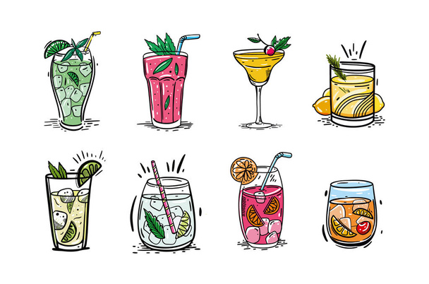 Vector set of cocktails. Hand drawn vector illustration is sketch style. Isolated on white background. Popular cocktails for design menu,posters, brochures for cafe, bar. - Vector, Image
