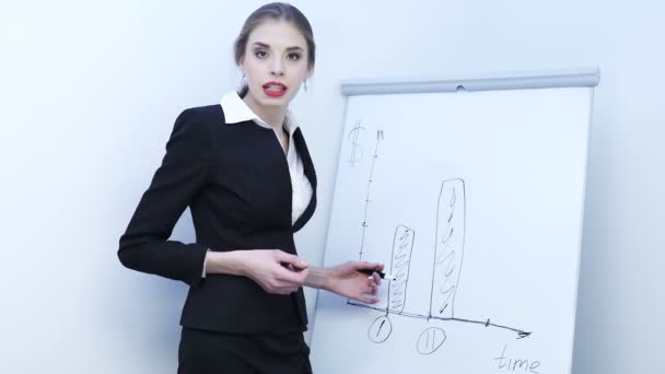       4K.Beatiful sexy mulher de negócios desenha cronograma em flip chart e pedir para o público
 - Filmagem, Vídeo