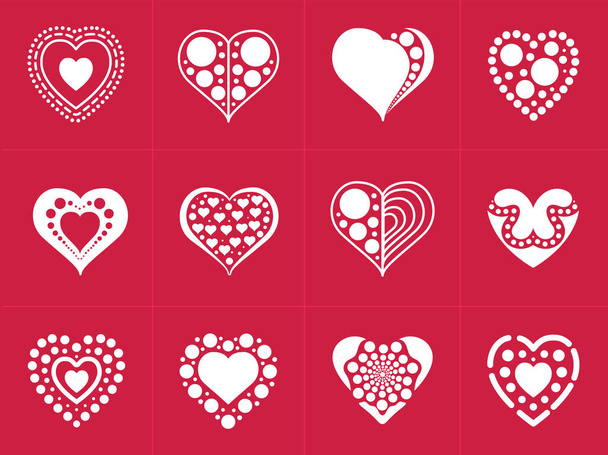 Коллекция Heart в триумфальном плоском стиле на красном фоне. Набор из 12 иконок формы сердца векторные иллюстрации
. - Вектор,изображение