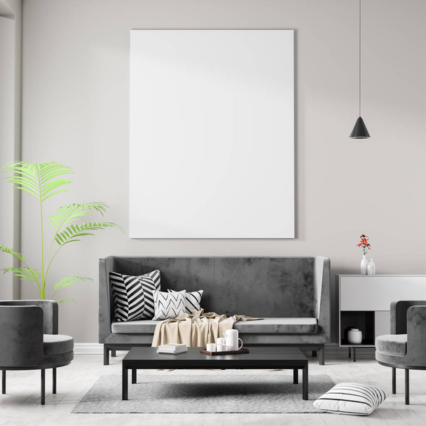 Montura de póster simulada en interior hipster de estilo escandinavo. Diseño interior moderno minimalista. Ilustración 3D
. - Foto, Imagen