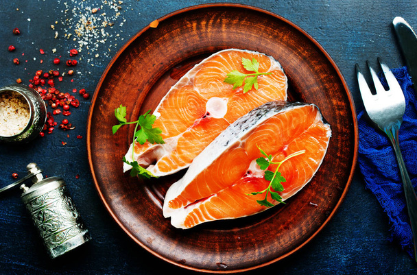 fresh salmon with aroma spice, salmon with pepper and salt - Foto, Imagem