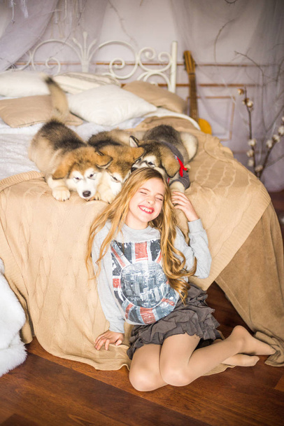 Cute girl with long blond hair at home on the bed with Malamute puppies - Foto, Imagem