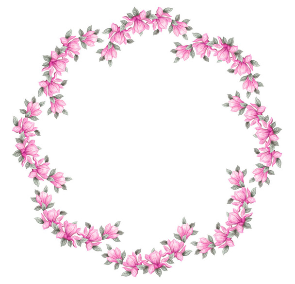 Hand drawn painting watercolor pencils and paints pink magnolia flowers isolated on white background. Round frame. - Foto, afbeelding