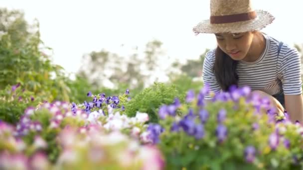 4 k はかなりアジアの女の子は庭、スローモーション撮影に花を植栽 - 映像、動画
